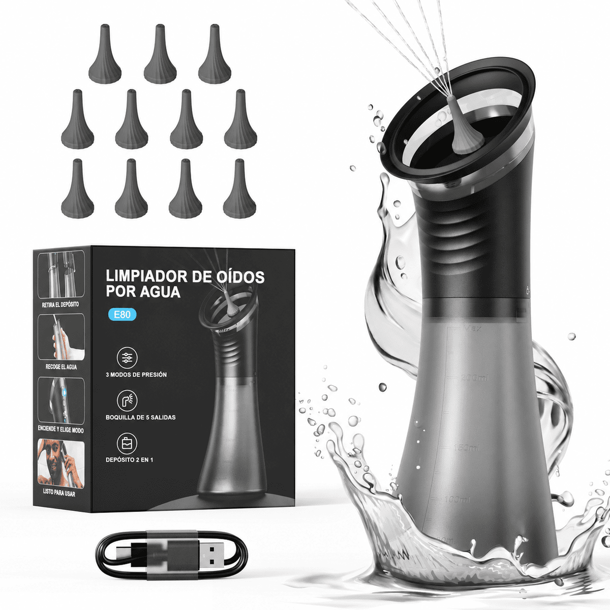 ATLAS LAB Kit Limpiador de Oídos por Agua | 3 Modos y 12 Boquillas